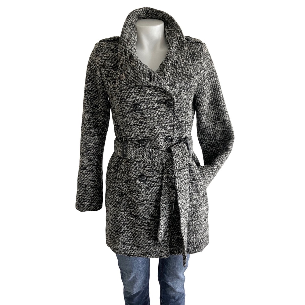 Sebby Women Black White‎ Marled Tweed Double Breasted Belted Peacoat S